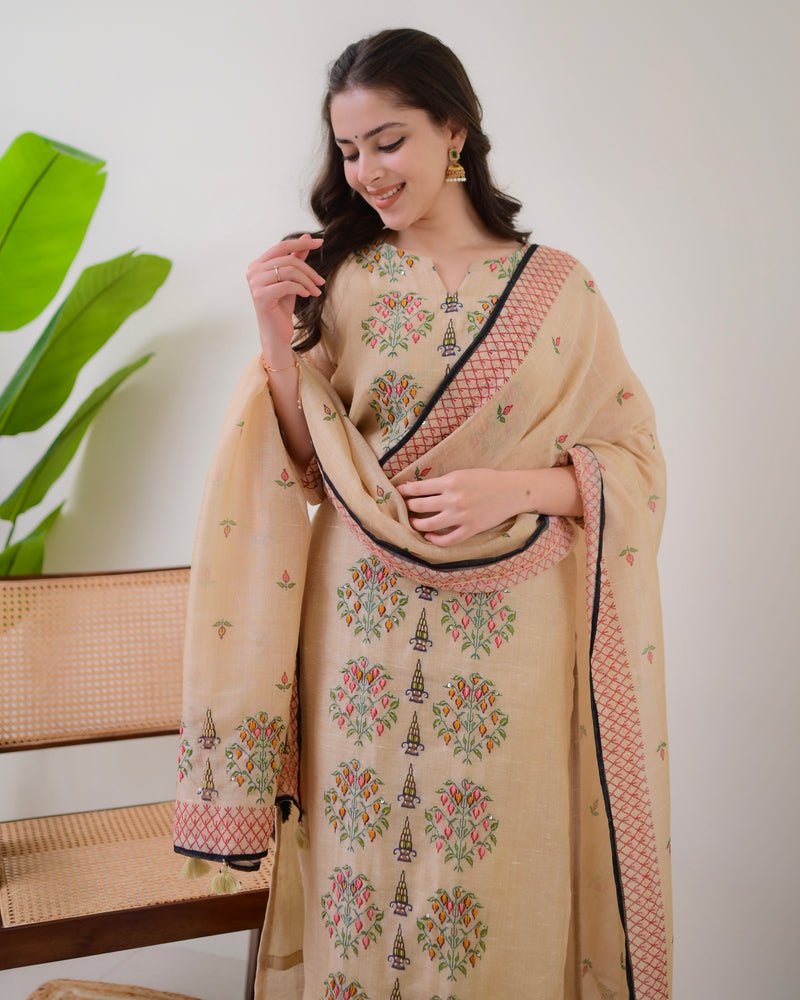 Beige Threadwork Linen Festive Suit