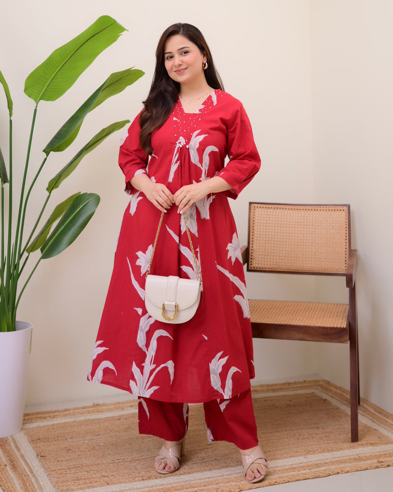 Scarlet Botanic Cotton A Line Kurta Palazzo Set