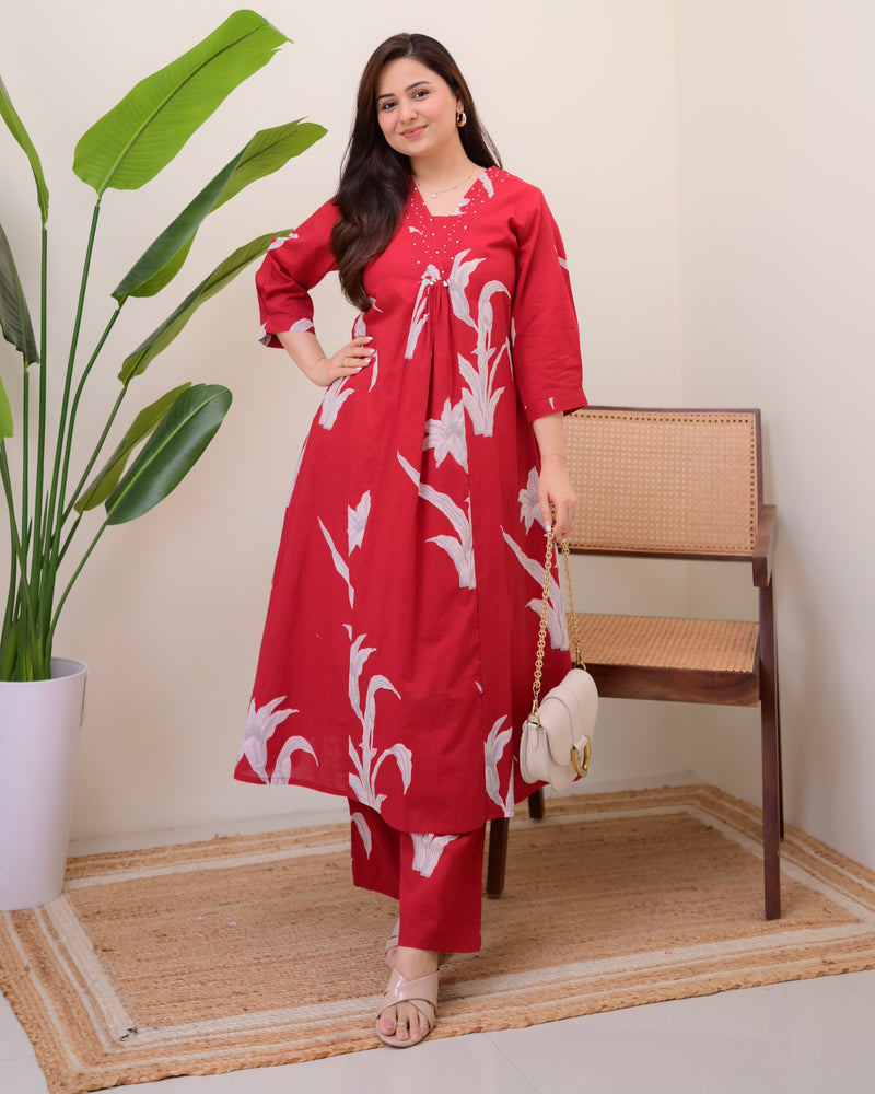 Scarlet Botanic Cotton A Line Kurta Palazzo Set