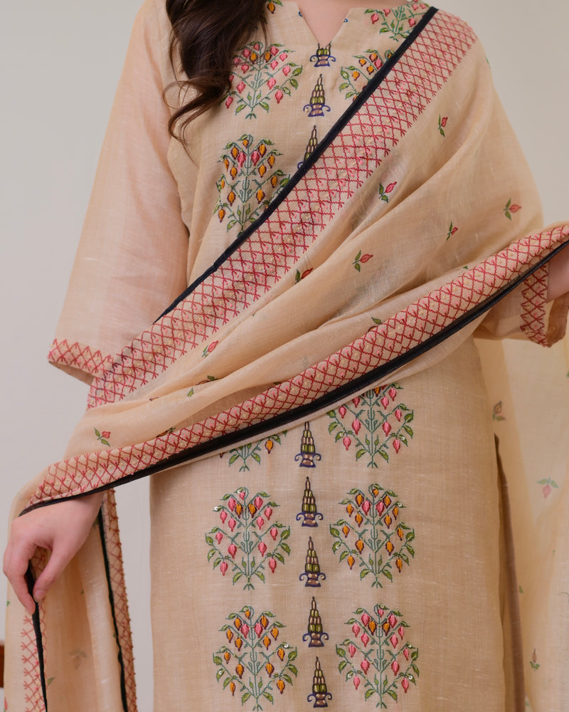 Beige Threadwork Linen Festive Suit