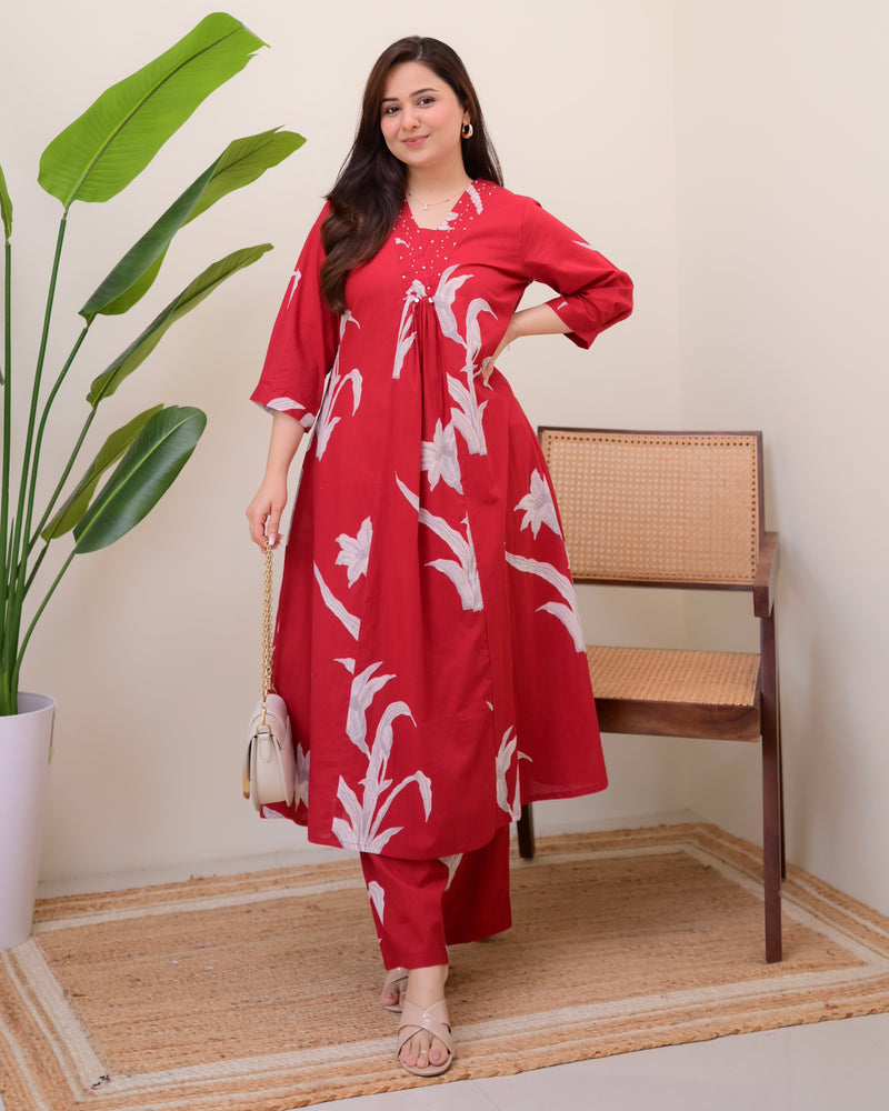 Scarlet Botanic Cotton A Line Kurta Palazzo Set