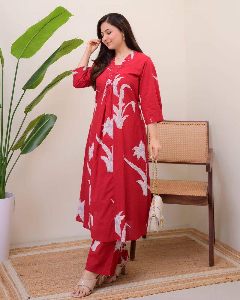 Scarlet Botanic Cotton A Line Kurta Palazzo Set