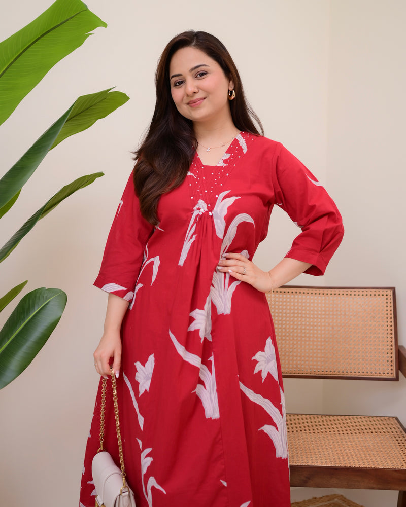 Scarlet Botanic Cotton A Line Kurta Palazzo Set