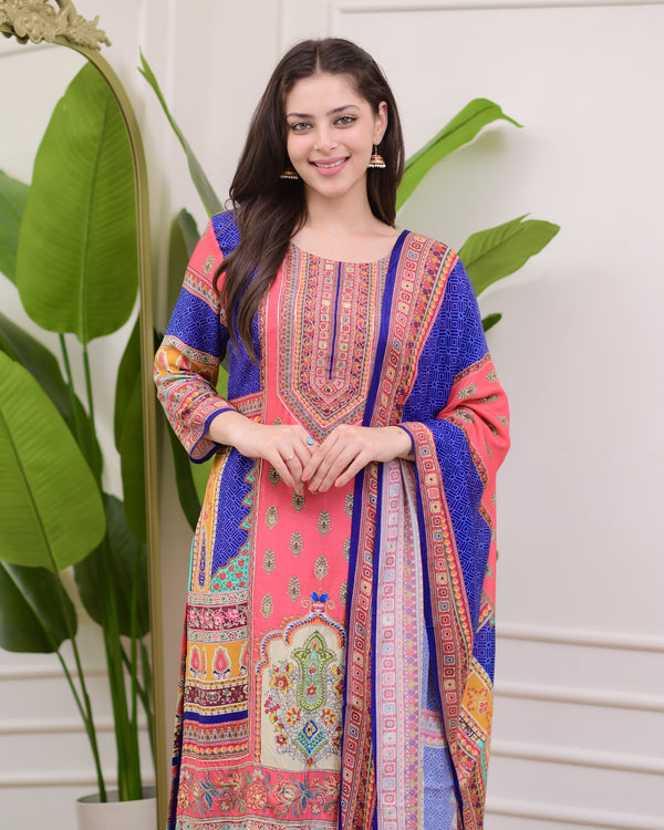 Blue Pink Patch Print Handwork Muslin Suit
