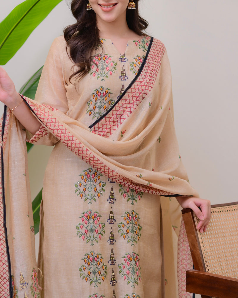Beige Threadwork Linen Festive Suit