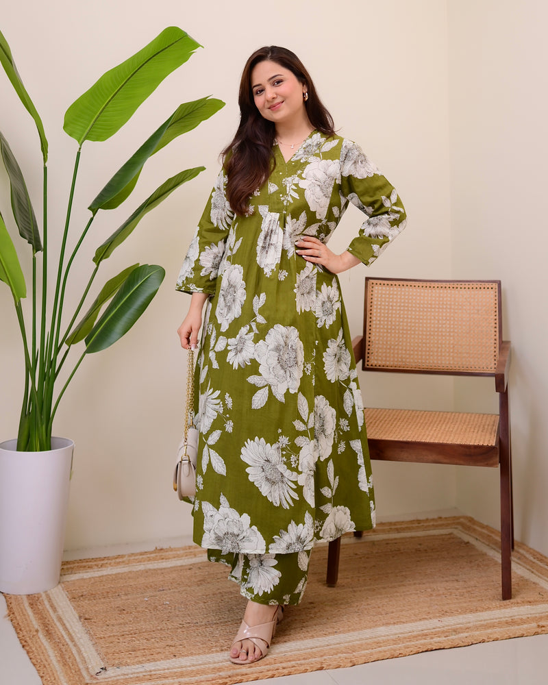 Bottle Green Botanica Cotton A Line Kurta Palazzo Set
