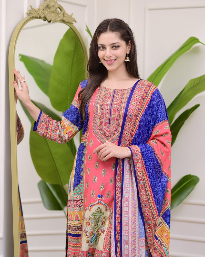 Blue Pink Patch Print Handwork Muslin Suit