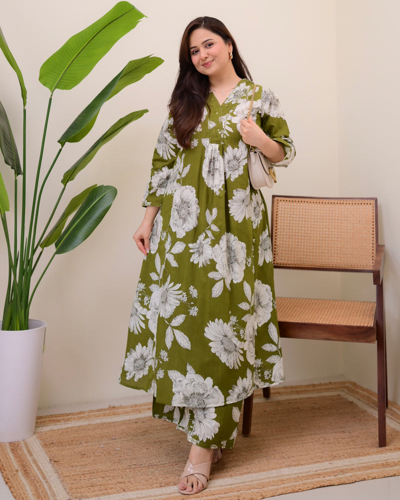 Bottle Green Botanica Cotton A Line Kurta Palazzo Set
