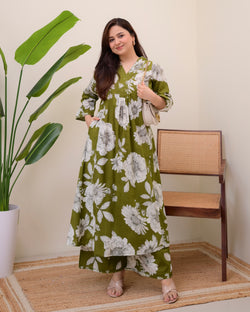 Bottle Green Botanica Cotton A Line Kurta Palazzo Set
