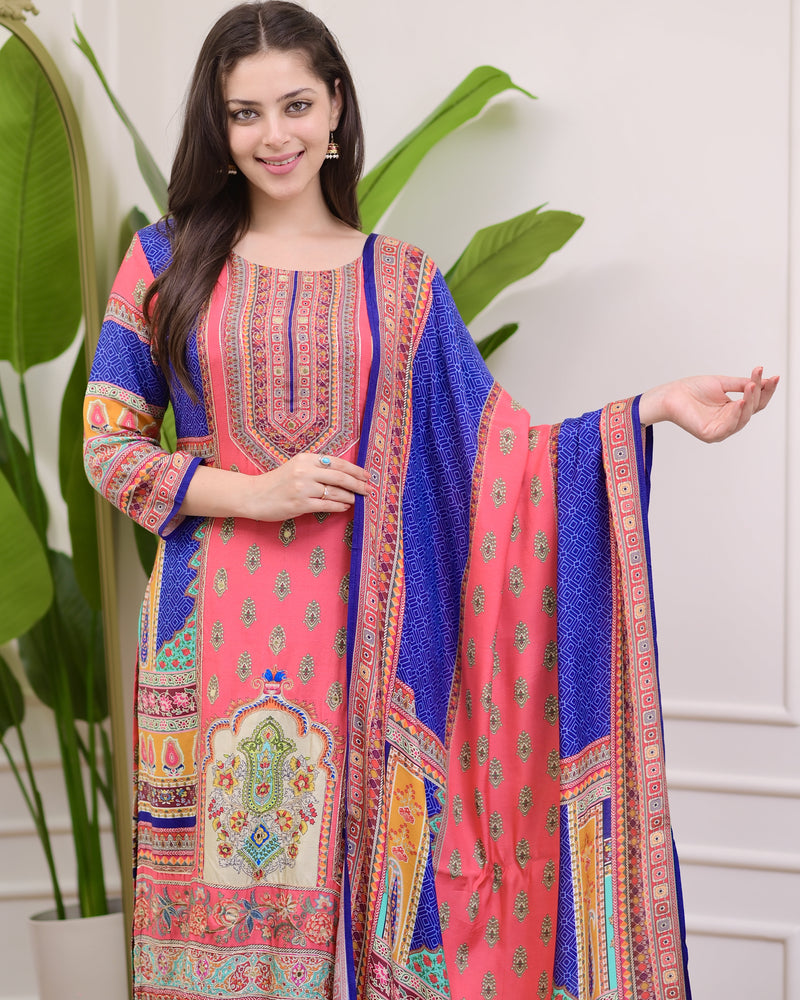 Blue Pink Patch Print Handwork Muslin Suit
