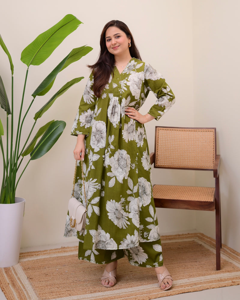 Bottle Green Botanica Cotton A Line Kurta Palazzo Set