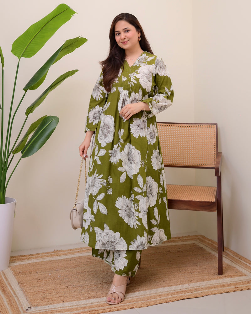Bottle Green Botanica Cotton A Line Kurta Palazzo Set