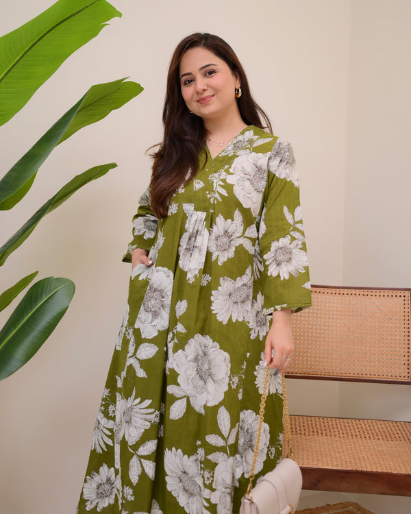 Bottle Green Botanica Cotton A Line Kurta Palazzo Set