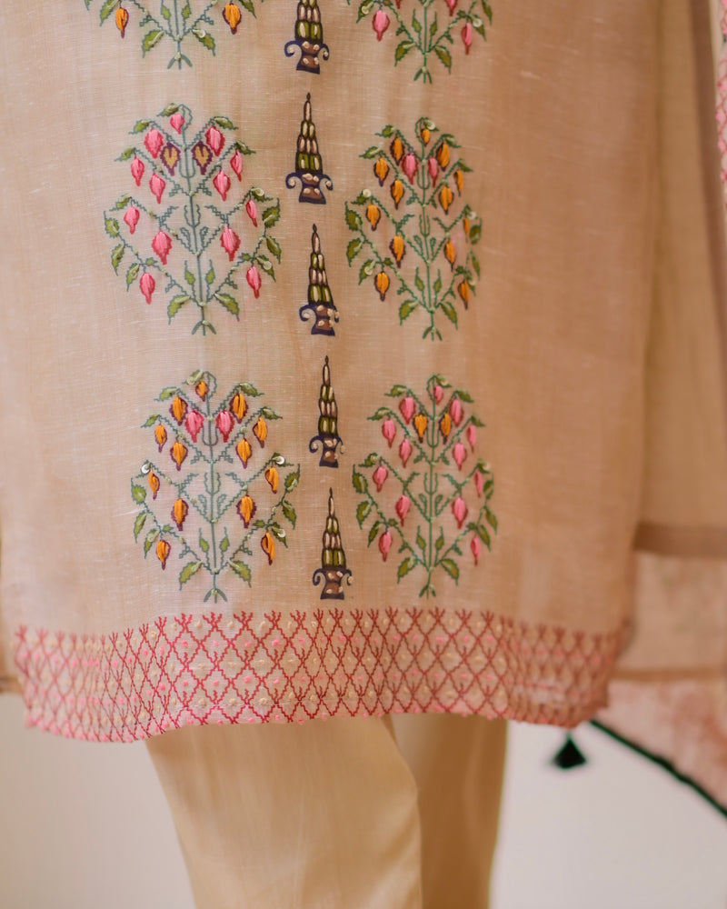 Beige Threadwork Linen Festive Suit