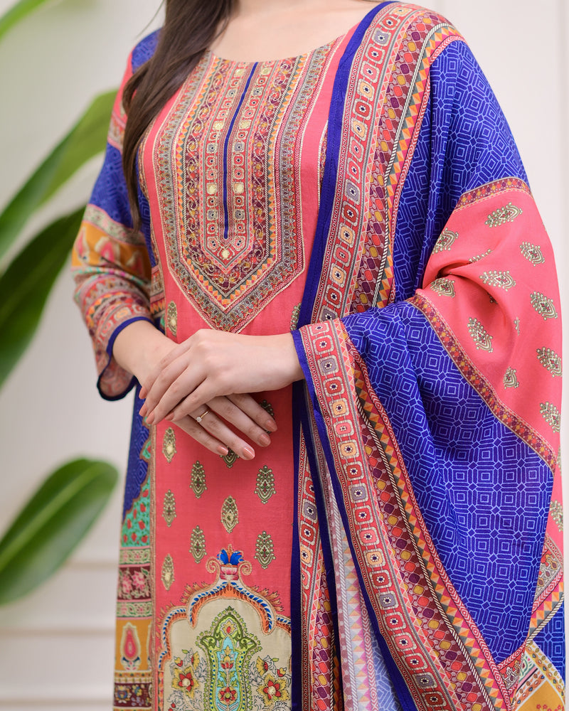 Blue Pink Patch Print Handwork Muslin Suit