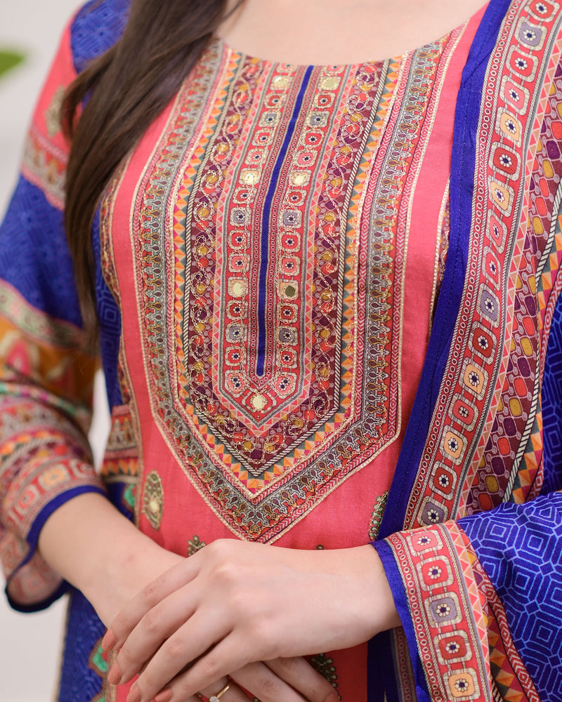 Blue Pink Patch Print Handwork Muslin Suit