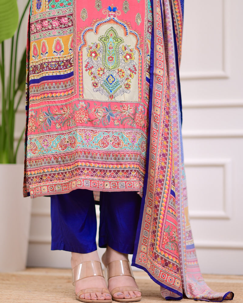 Blue Pink Patch Print Handwork Muslin Suit