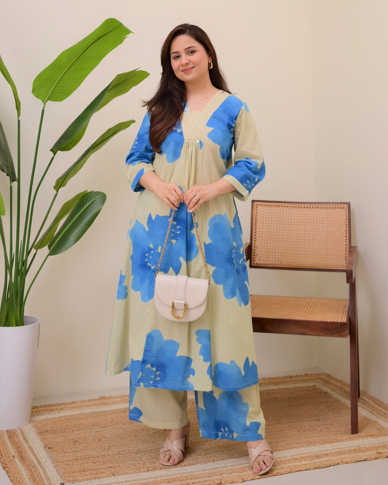 Sky Petals Cotton A Line Kurta Palazzo Set