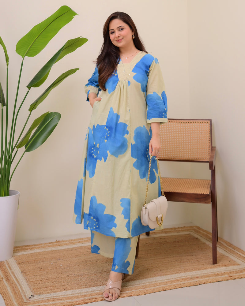 Sky Petals Cotton A Line Kurta Palazzo Set