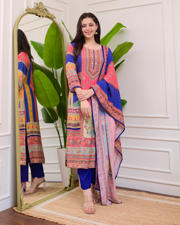 Blue Pink Patch Print Handwork Muslin Suit
