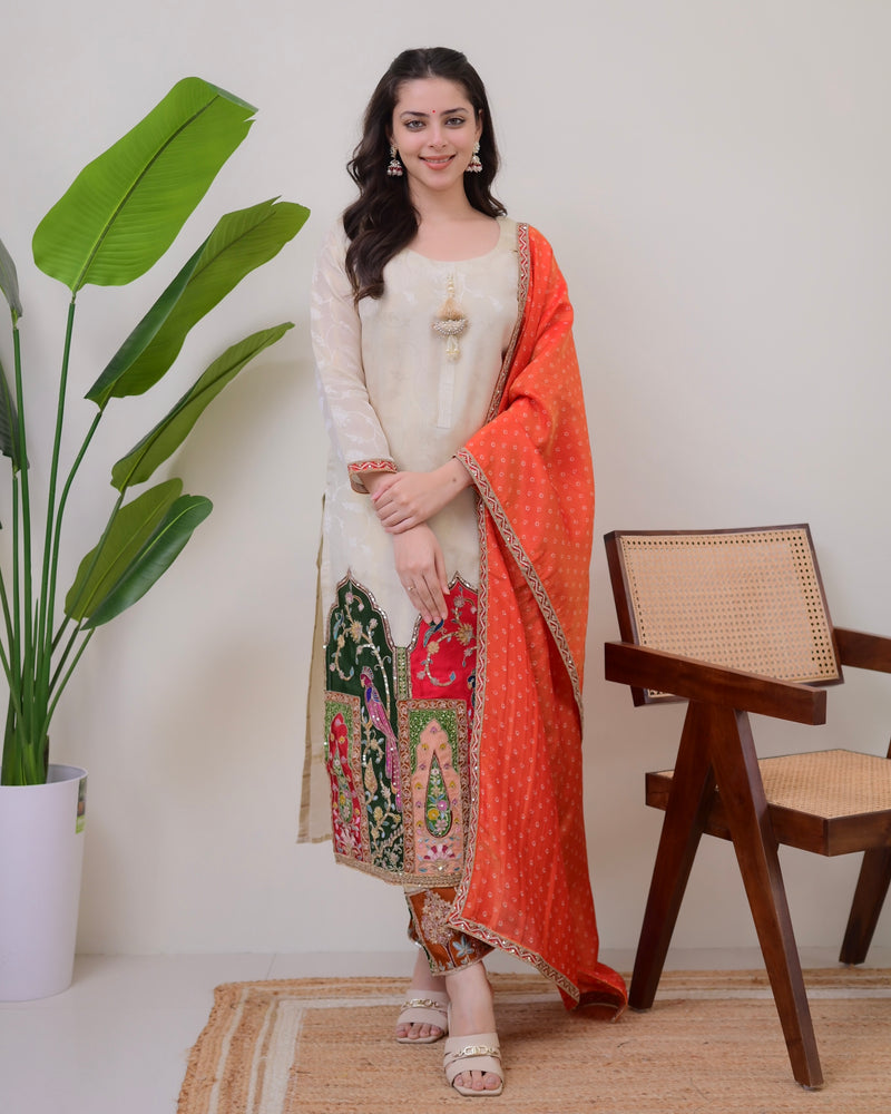 Ivory Chanderi Jacquard Handwork Festive Suit