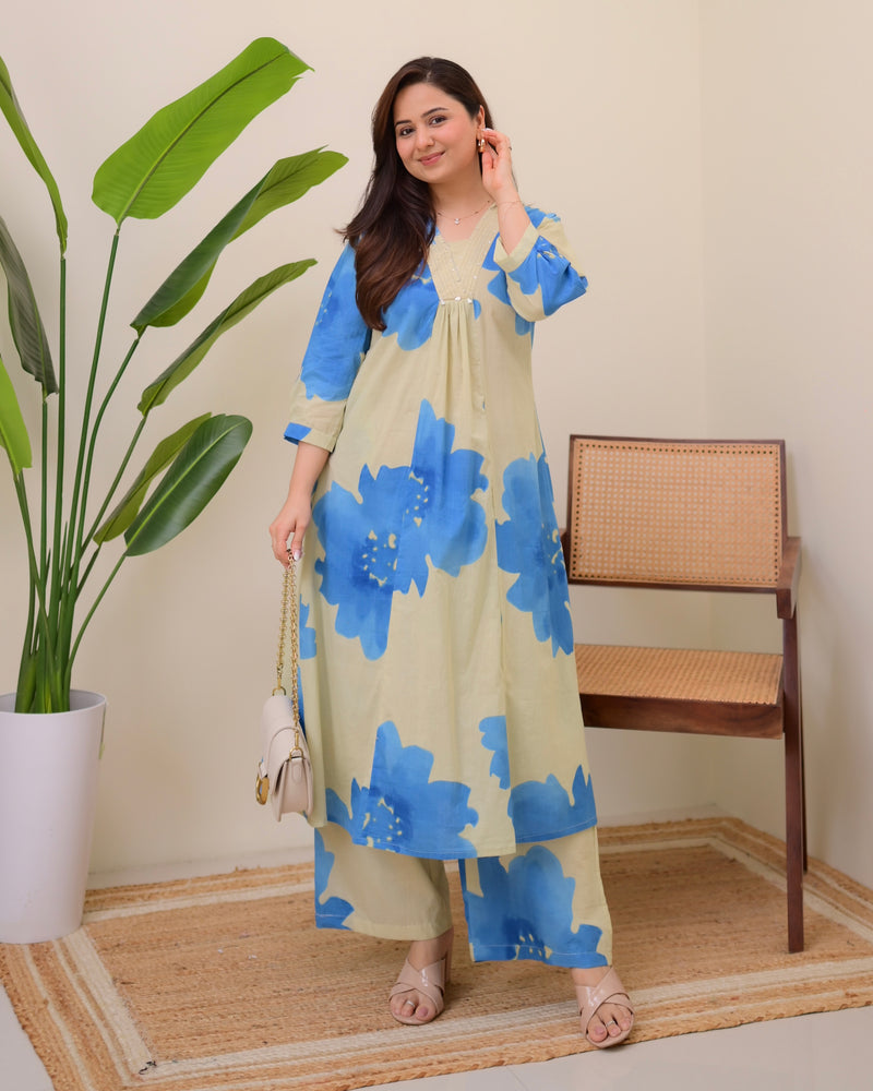 Sky Petals Cotton A Line Kurta Palazzo Set