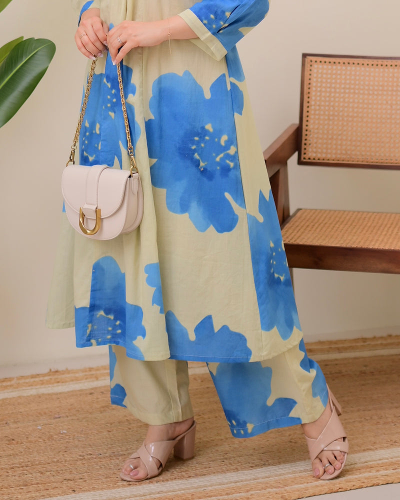 Sky Petals Cotton A Line Kurta Palazzo Set