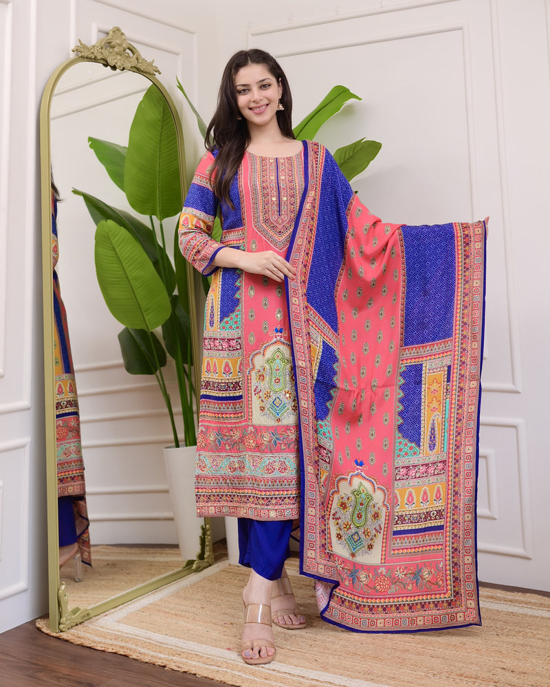 Blue Pink Patch Print Handwork Muslin Suit