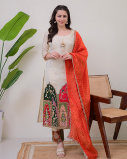 Ivory Chanderi Jacquard Handwork Festive Suit