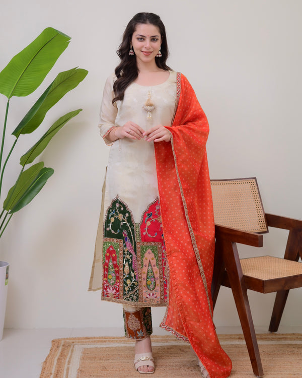 Ivory Chanderi Jacquard Handwork Festive Suit
