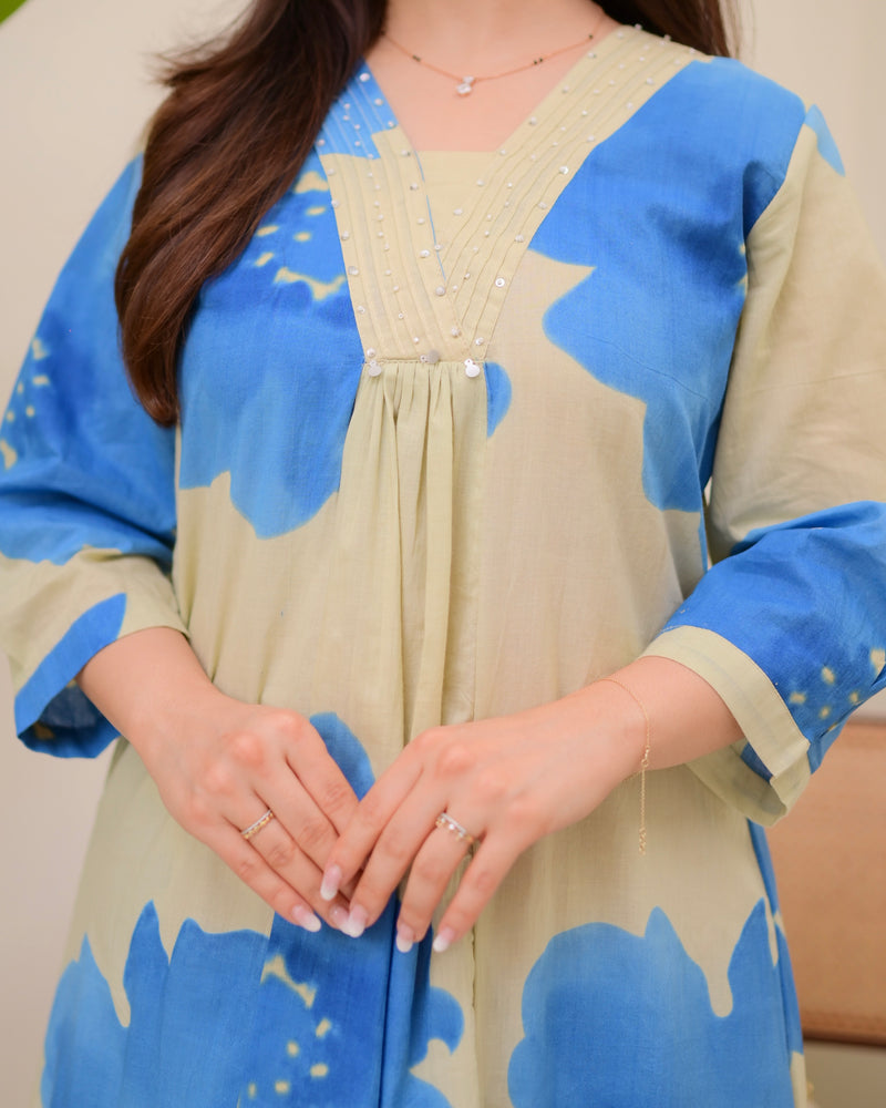 Sky Petals Cotton A Line Kurta Palazzo Set