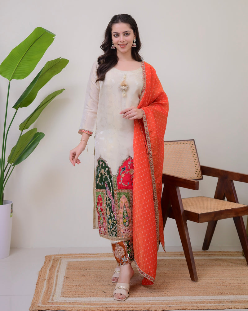 Ivory Chanderi Jacquard Handwork Festive Suit