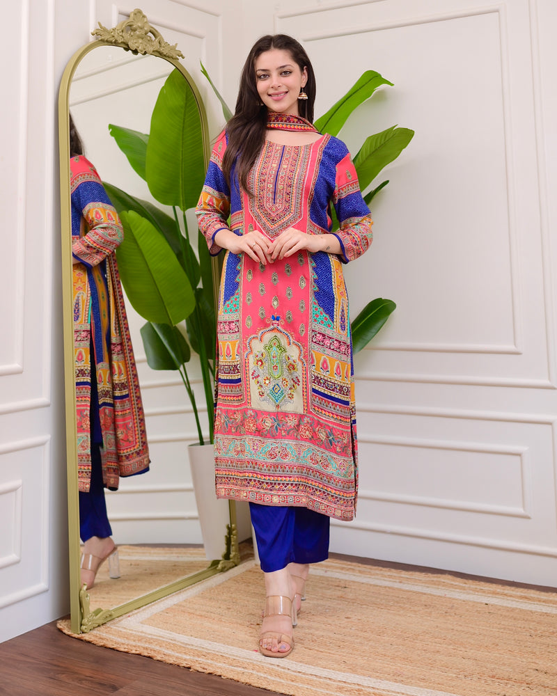 Blue Pink Patch Print Handwork Muslin Suit