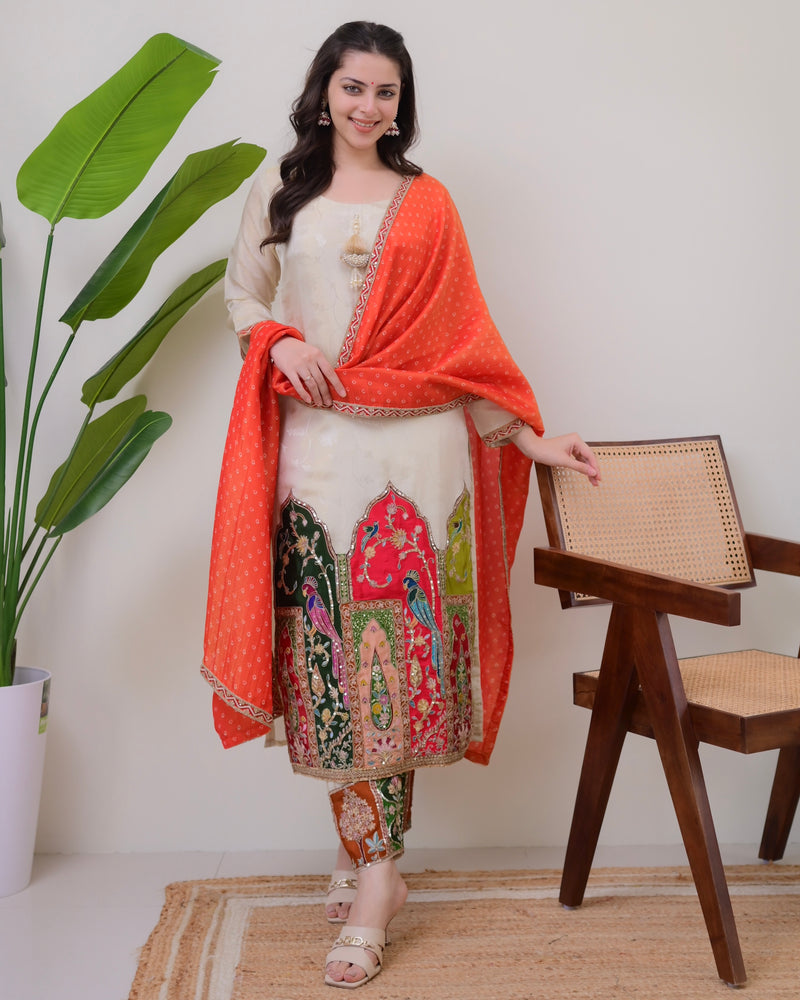 Ivory Chanderi Jacquard Handwork Festive Suit