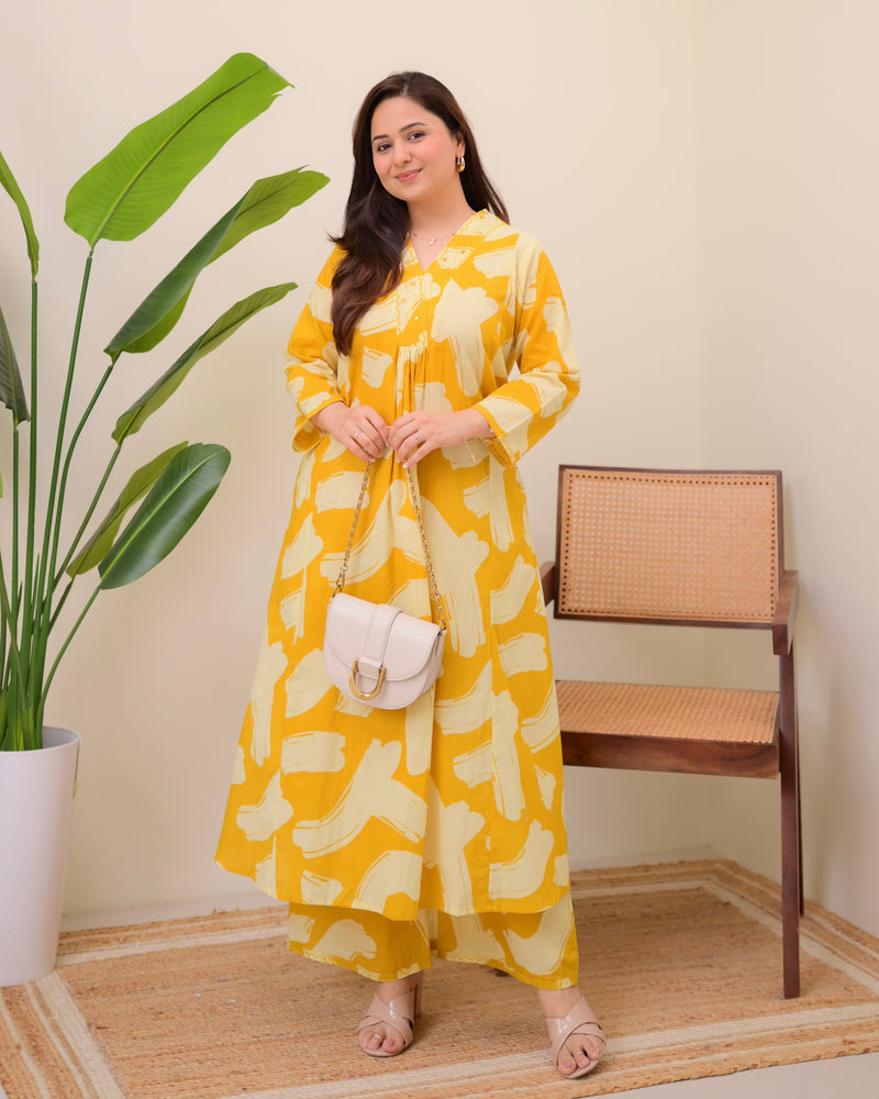 Lemon Zest Cotton A Line Kurta Palazzo Set