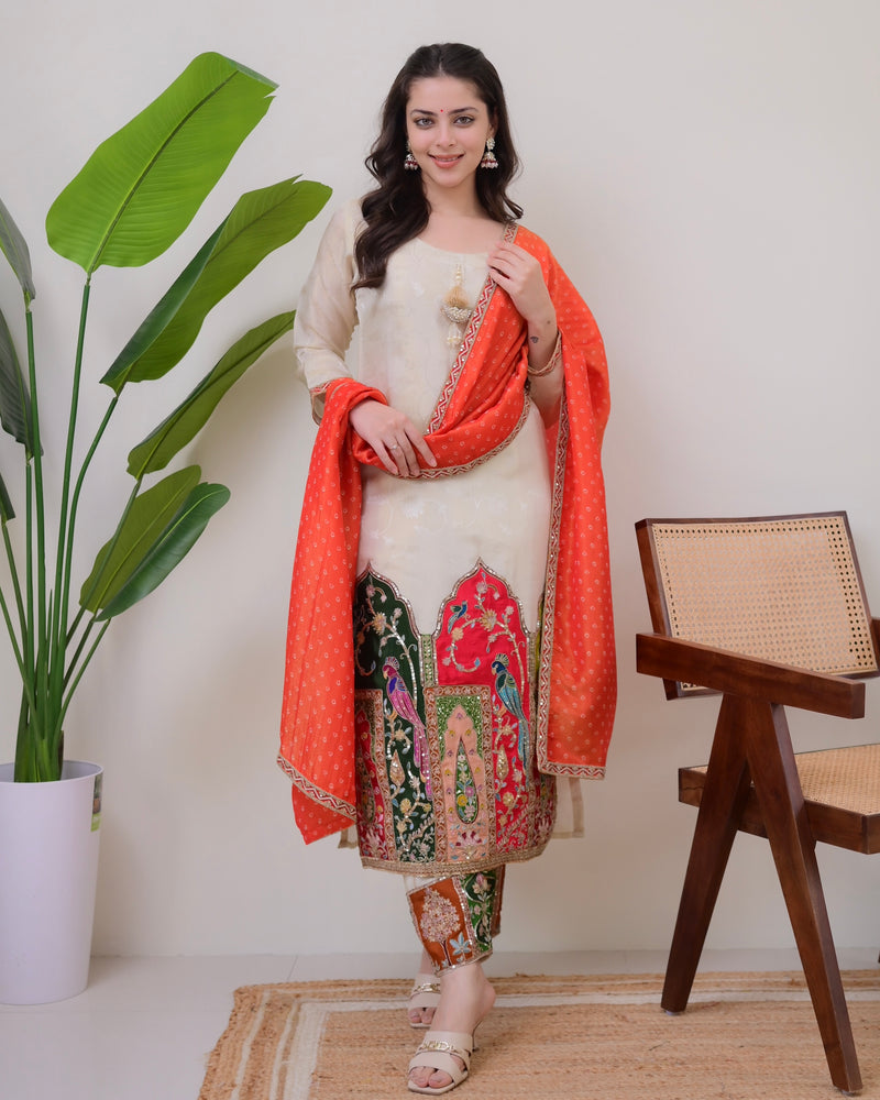 Ivory Chanderi Jacquard Handwork Festive Suit