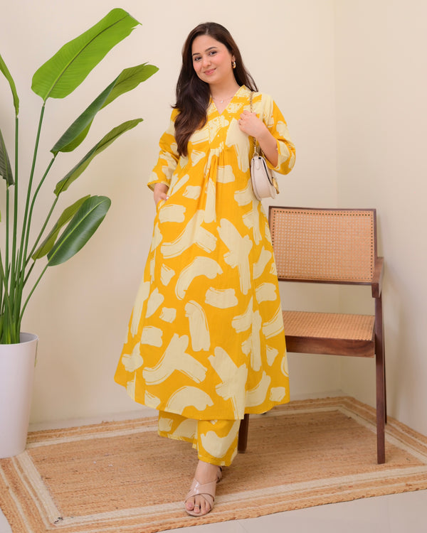 Lemon Zest Cotton A Line Kurta Palazzo Set