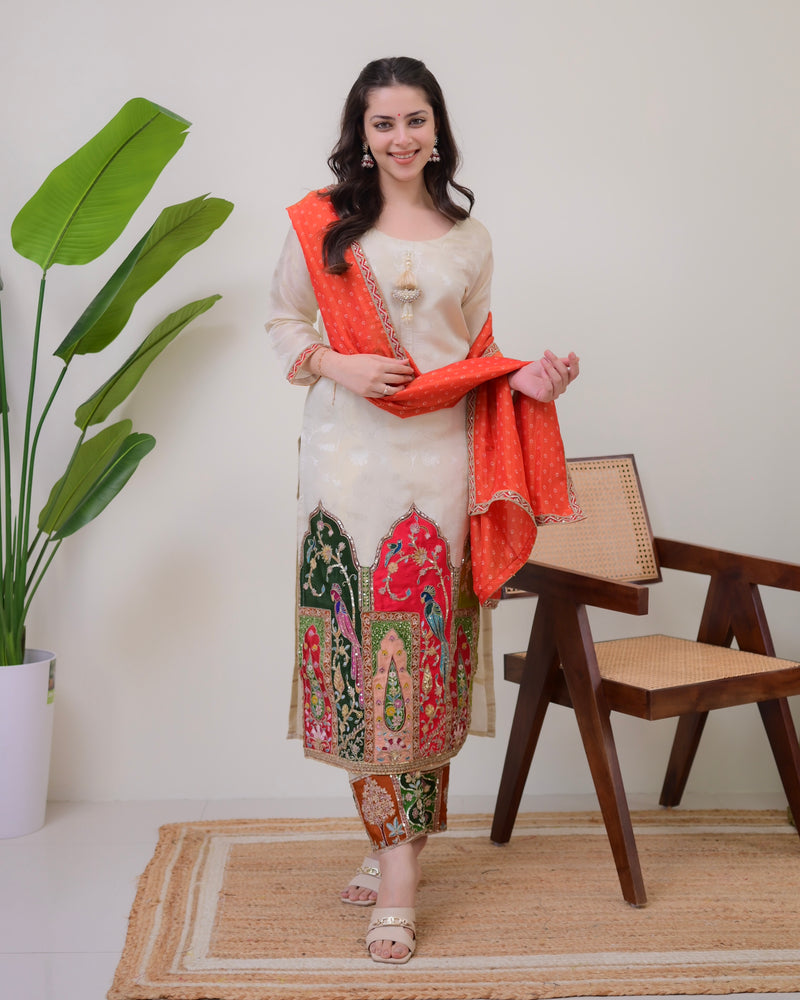 Ivory Chanderi Jacquard Handwork Festive Suit