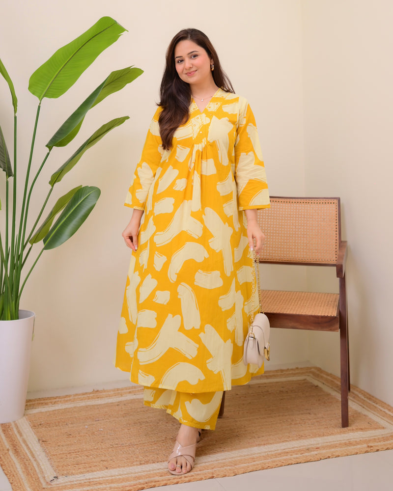 Lemon Zest Cotton A Line Kurta Palazzo Set