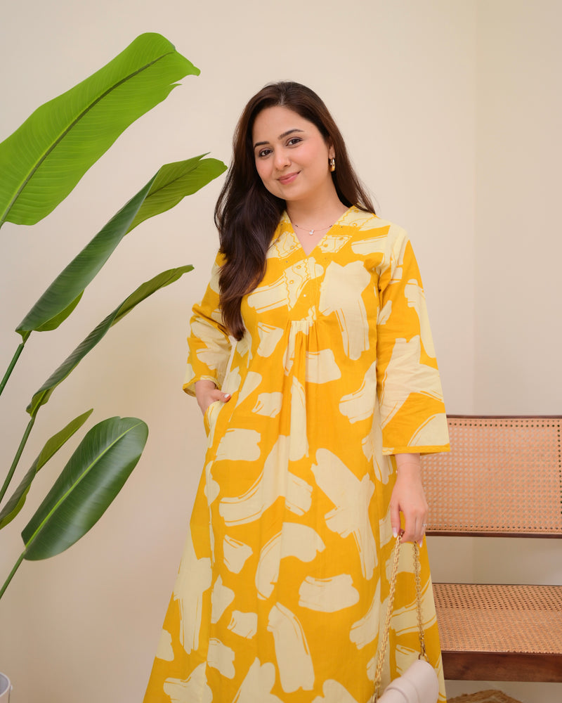 Lemon Zest Cotton A Line Kurta Palazzo Set