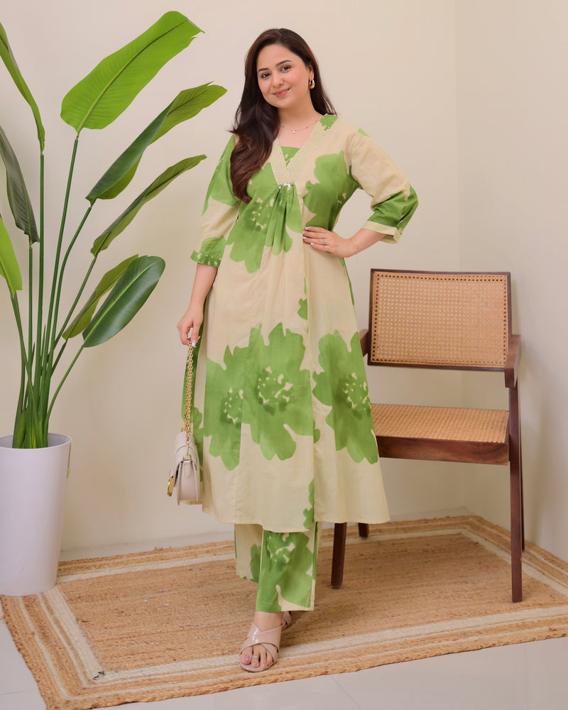 Olive Bloom Cotton A Line Kurta Palazzo Set