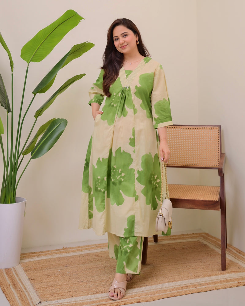 Olive Bloom Cotton A Line Kurta Palazzo Set