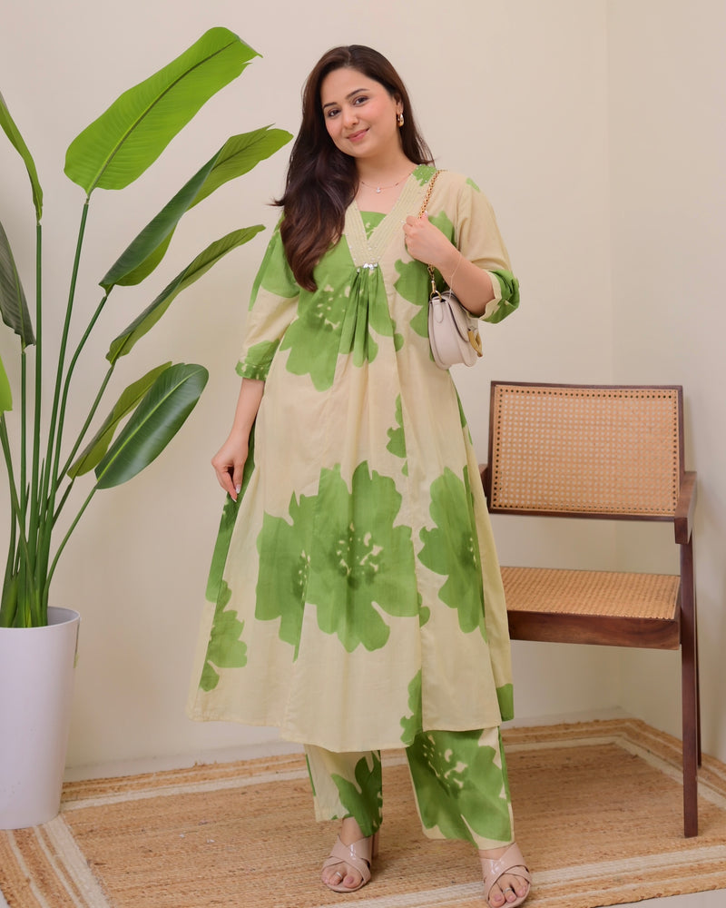 Olive Bloom Cotton A Line Kurta Palazzo Set