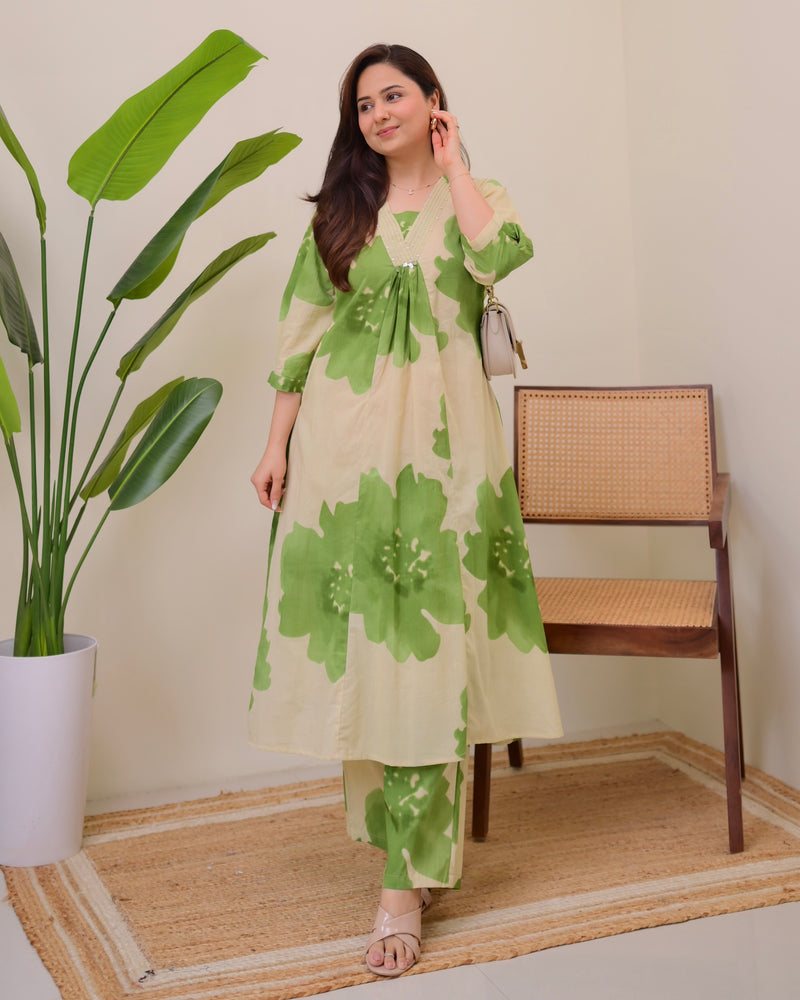 Olive Bloom Cotton A Line Kurta Palazzo Set