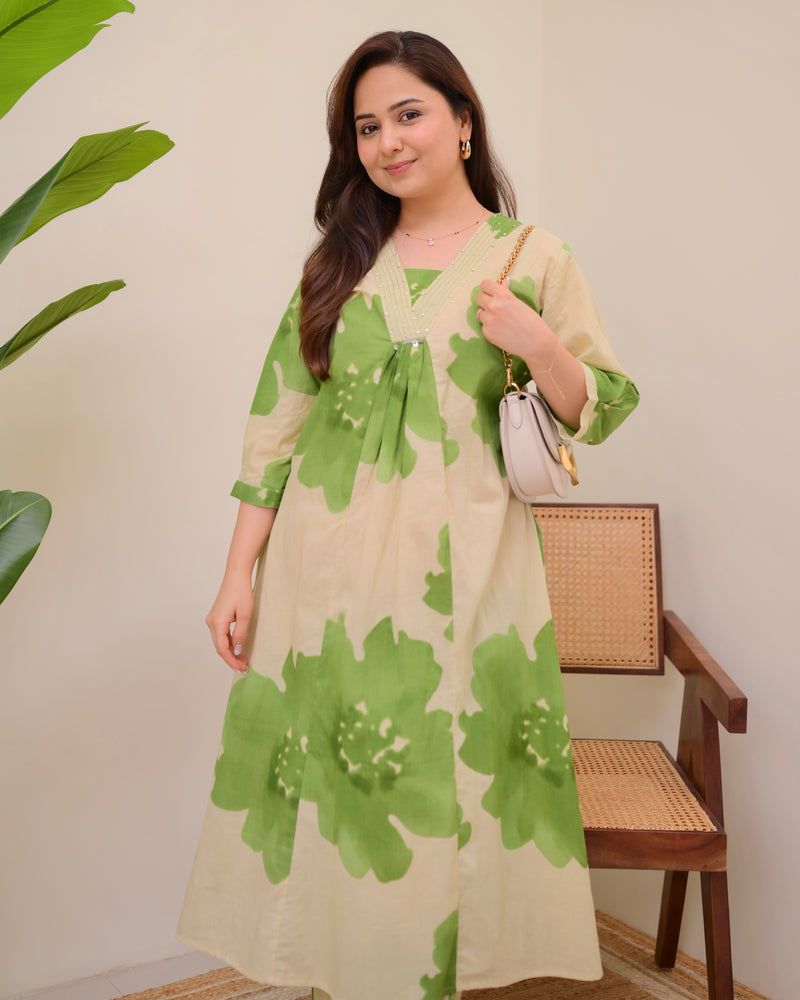 Olive Bloom Cotton A Line Kurta Palazzo Set