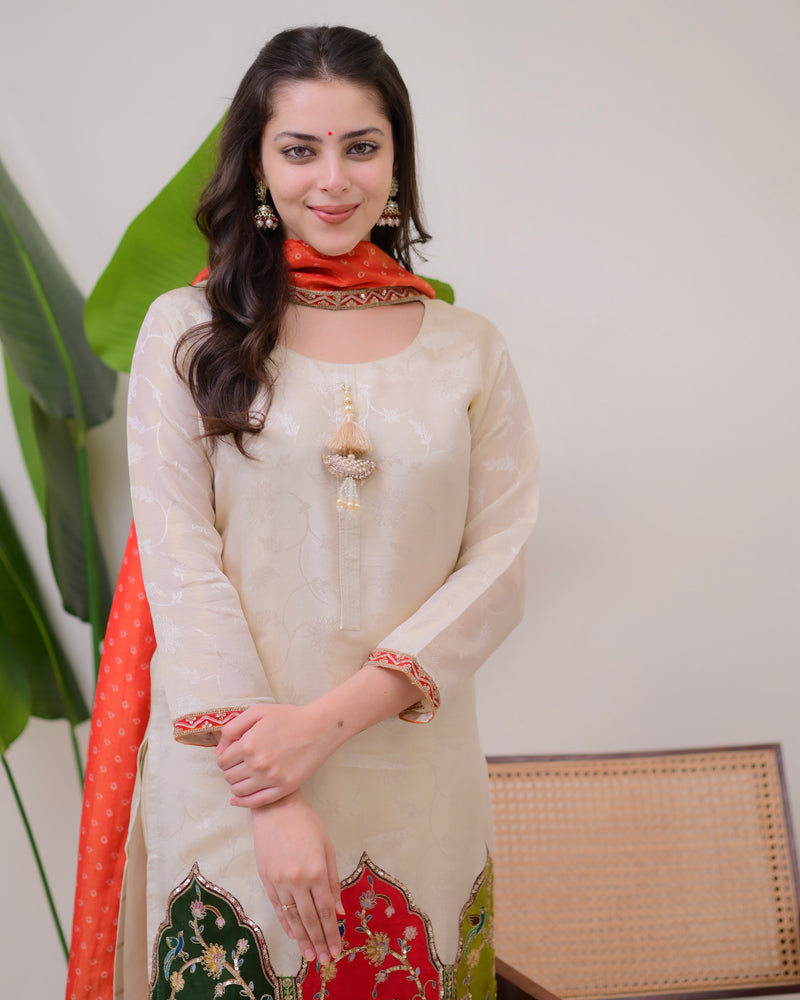 Ivory Chanderi Jacquard Handwork Festive Suit