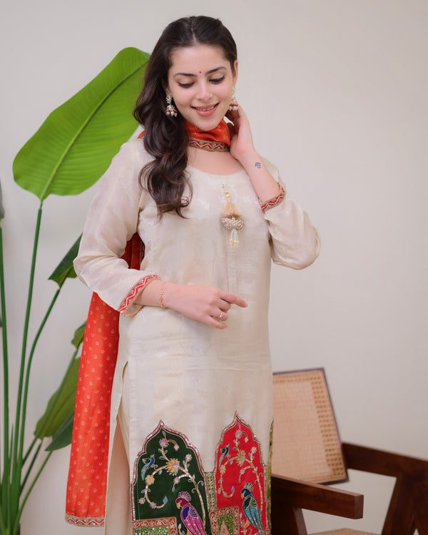 Ivory Chanderi Jacquard Handwork Festive Suit