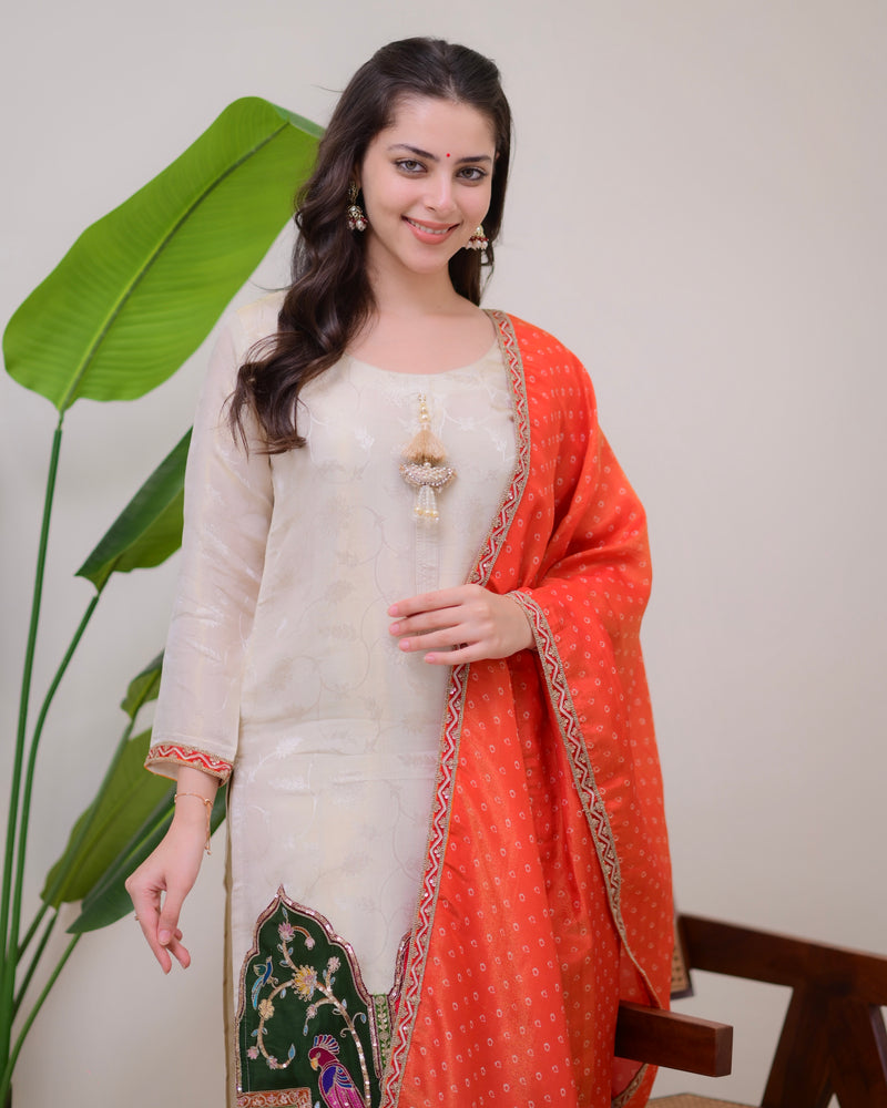 Ivory Chanderi Jacquard Handwork Festive Suit