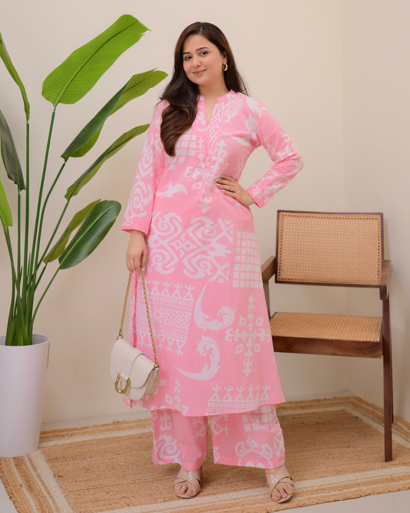 Blush Blossom Cotton A Line Kurta Palazzo Set