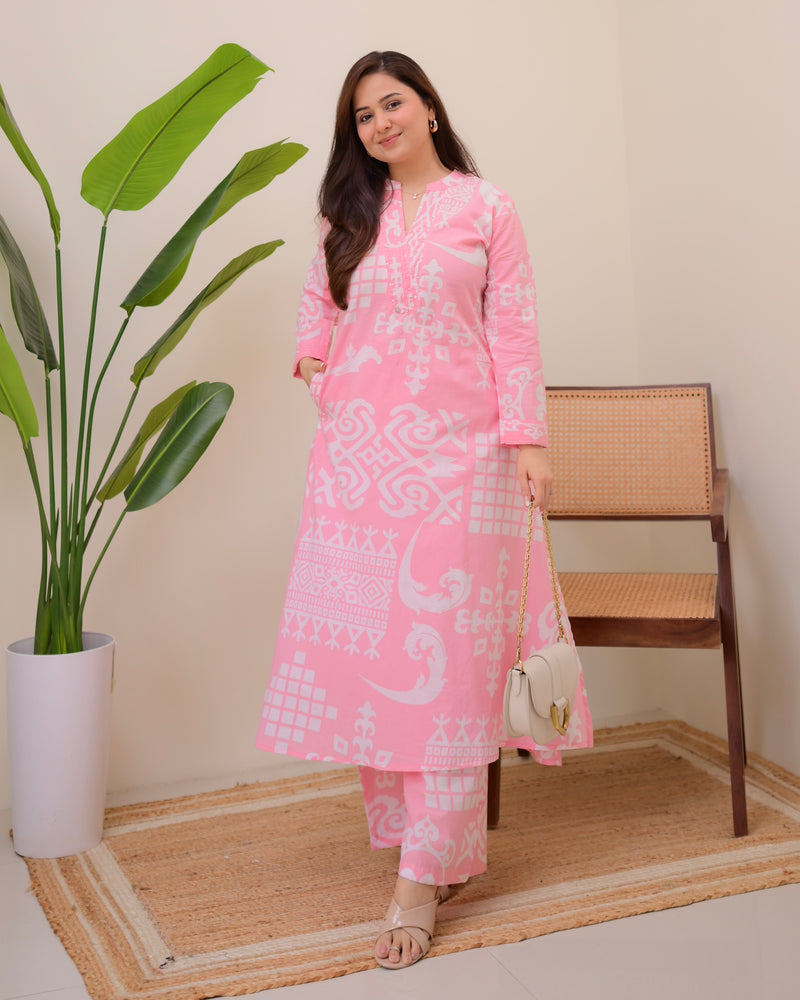 Blush Blossom Cotton A Line Kurta Palazzo Set